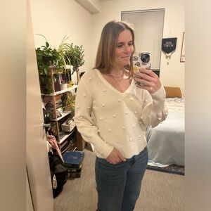 White V-Neck Pom Pom Sweater | Textured Knit Balloon Sleeve | Size S